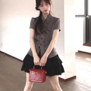 French-Style Fitted Short-Sleeve Shirt for Women - Slimming Summer College Top, High-Quality Casual Fashion