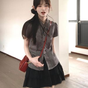 French-Style Fitted Short-Sleeve Shirt for Women - Slimming Summer College Top, High-Quality Casual Fashion