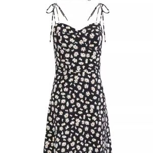 French Style Floral Spaghetti Strap Black Dress with Daisy Print - 2025 Summer Women's Vacation Dress