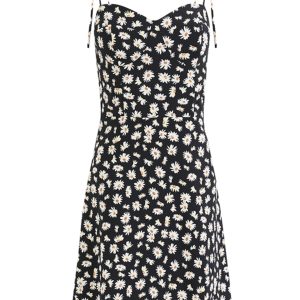 French Style Floral Spaghetti Strap Black Dress with Daisy Print - 2025 Summer Women's Vacation Dress