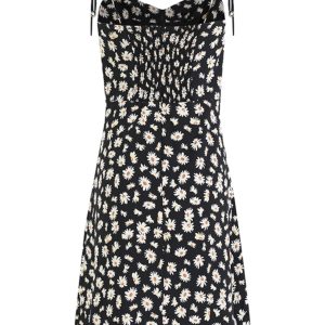 French Style Floral Spaghetti Strap Black Dress with Daisy Print - 2025 Summer Women's Vacation Dress