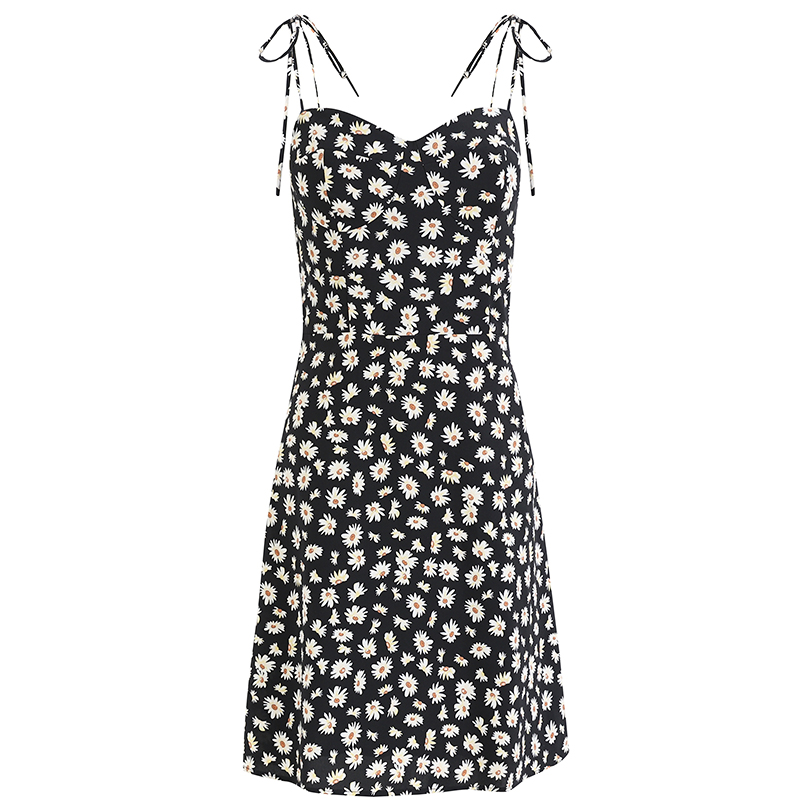 French Style Floral Spaghetti Strap Black Dress with Daisy Print - 2025 Summer Women's Vacation Dress