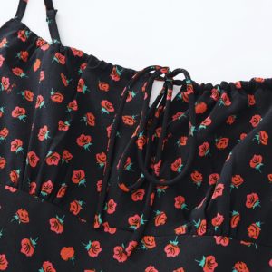 French Style Floral Spaghetti Strap Black Maxi Dress - Slim Fit Vacation Dress for Summer 2025, Perfect for 90s and Y2K Fashion