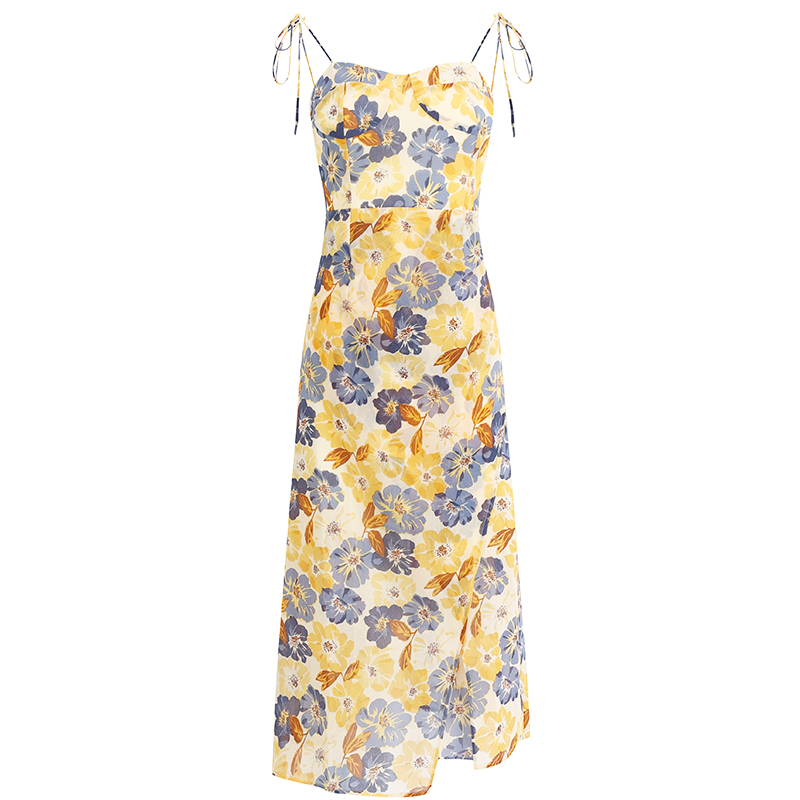 French-Style Floral Women's Dress - High-End Yellow Summer Dress for 2025 Vacation - Trendy and Elegant Fashion