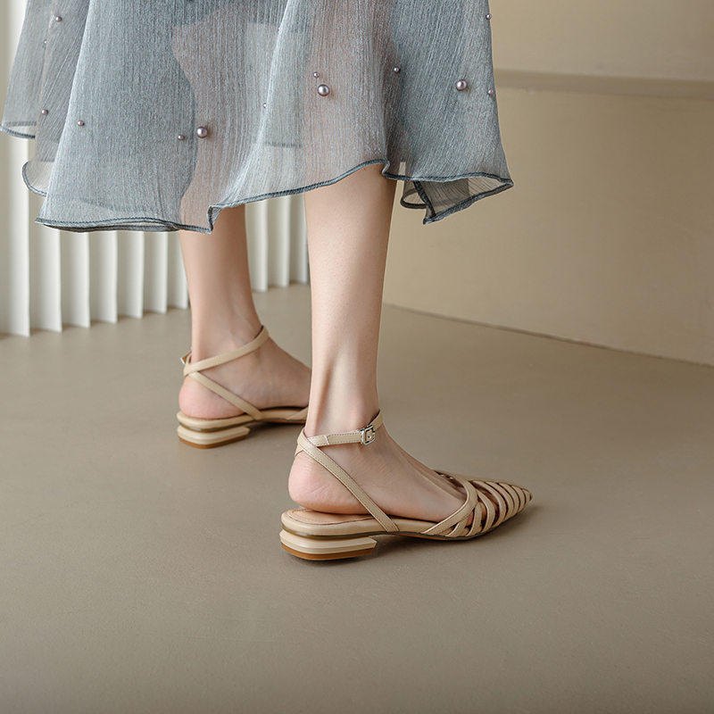 French Style Genuine Leather Retro Pointed Low Chunky Heel Roman Sandals for Women - Artistic Pig Cage Summer Shoes