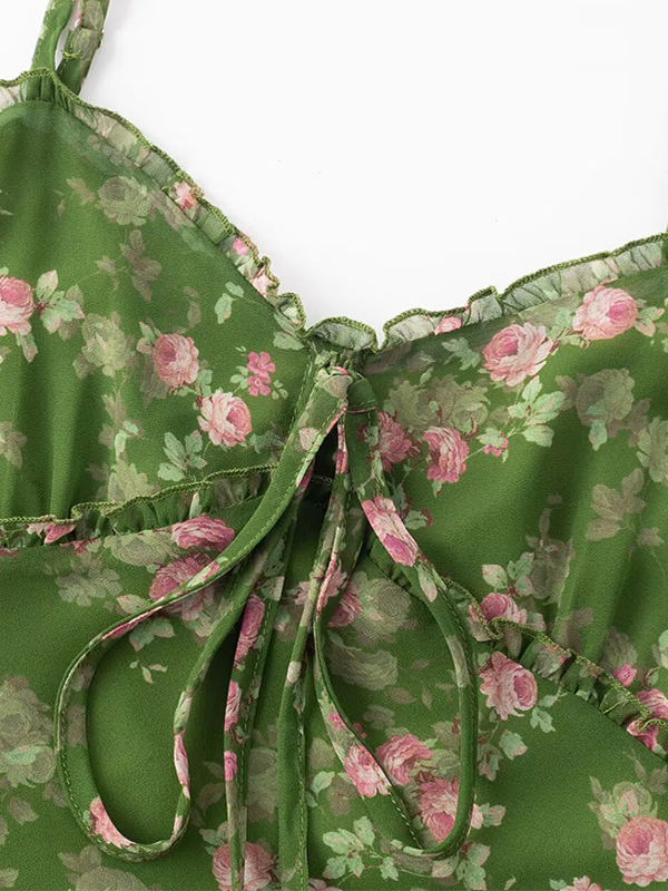 French Style Green Floral Long Spaghetti Strap Dress for Women - Summer 2025 Vacation Fashion French Style Green Floral Long Spaghetti Strap Dress for Women - Summer 2025 Vacation Fashion