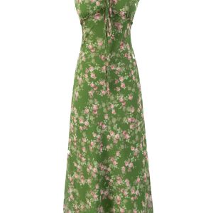 French Style Green Floral Long Spaghetti Strap Dress for Women - Summer 2025 Vacation Fashion