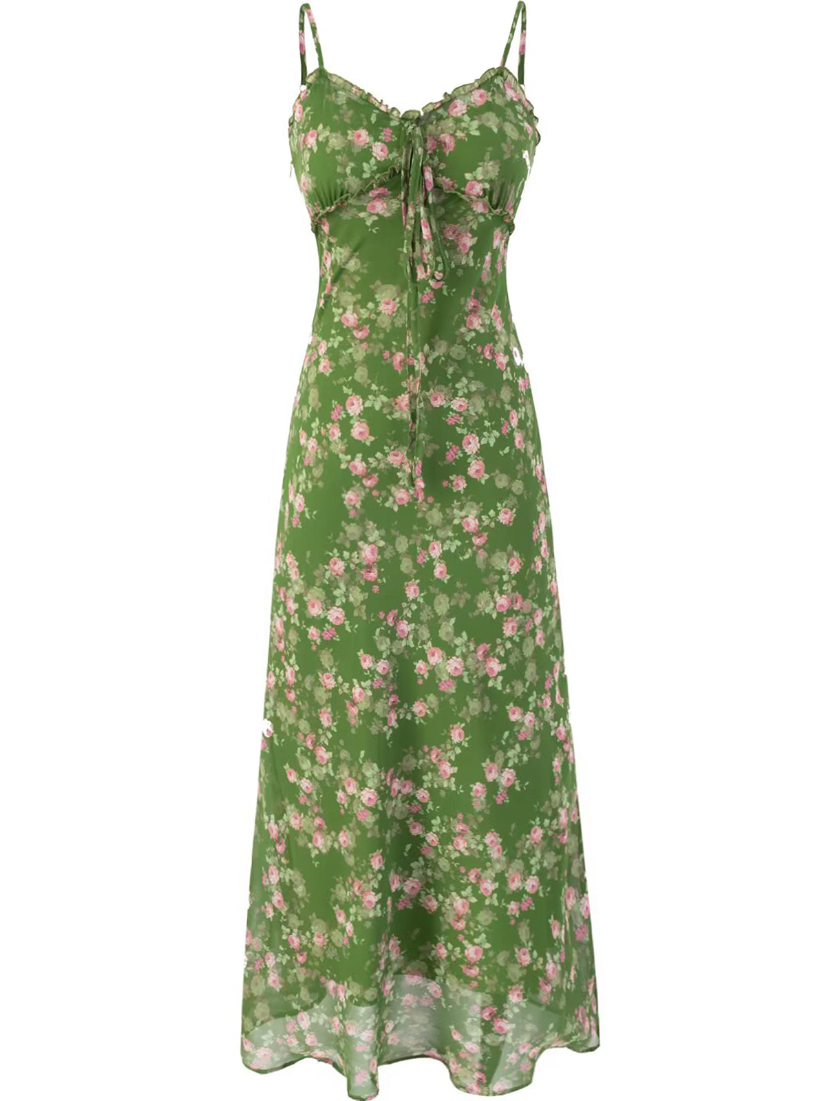 French Style Green Floral Long Spaghetti Strap Dress for Women - Summer 2025 Vacation Fashion French Style Green Floral Long Spaghetti Strap Dress for Women - Summer 2025 Vacation Fashion