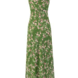 French Style Green Floral Long Spaghetti Strap Dress for Women - Summer 2025 Vacation Fashion