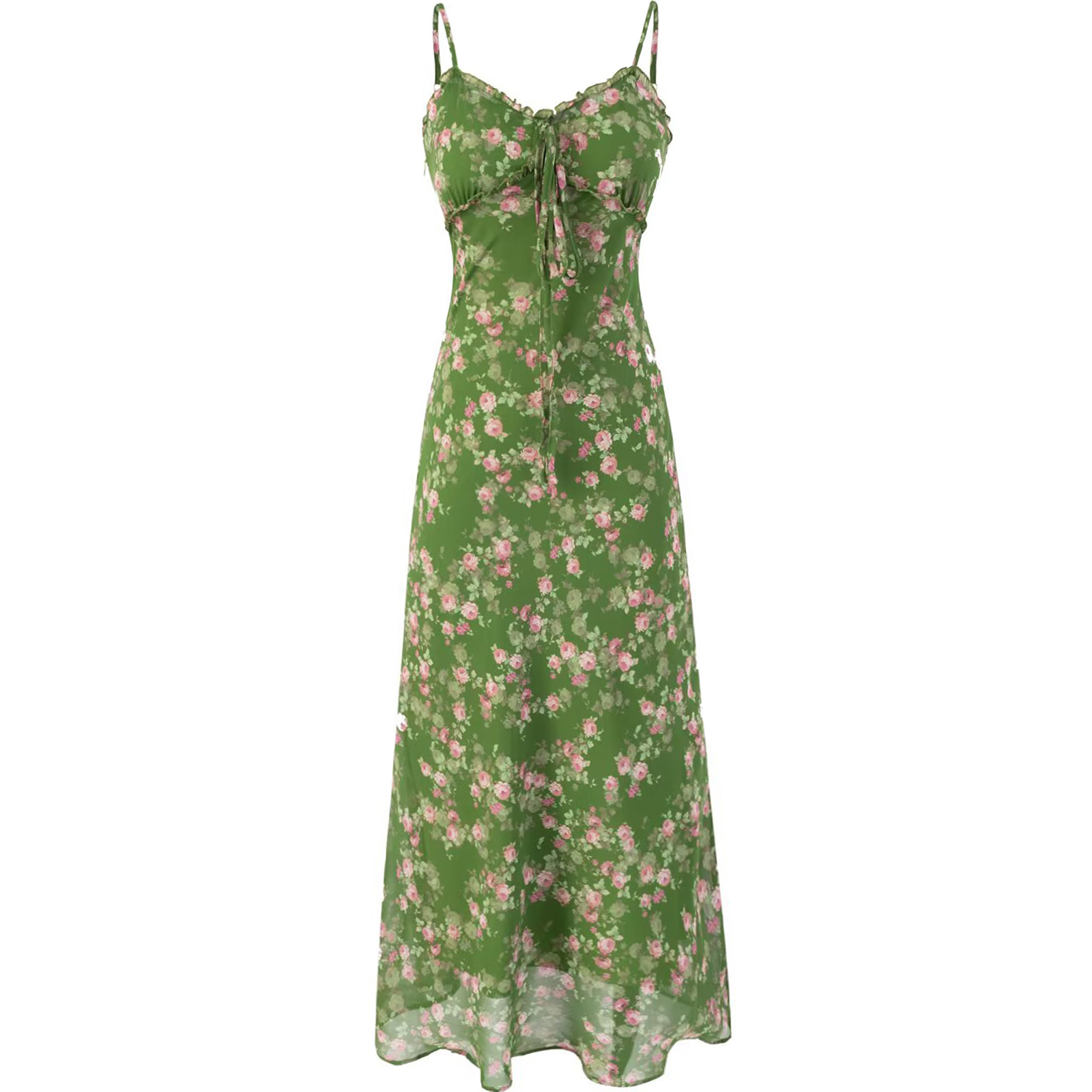 French Style Green Floral Long Spaghetti Strap Dress for Women - Summer 2025 Vacation Fashion