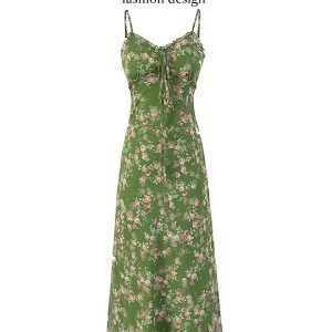 French Style Green Floral Long Spaghetti Strap Dress for Women - Summer 2025 Vacation Fashion