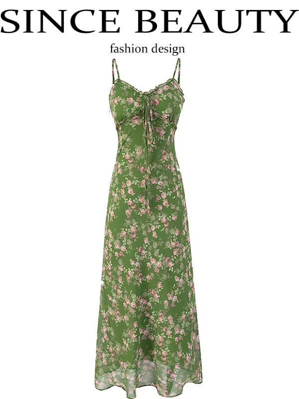 French Style Green Floral Long Spaghetti Strap Dress for Women - Summer 2025 Vacation Fashion French Style Green Floral Long Spaghetti Strap Dress for Women - Summer 2025 Vacation Fashion