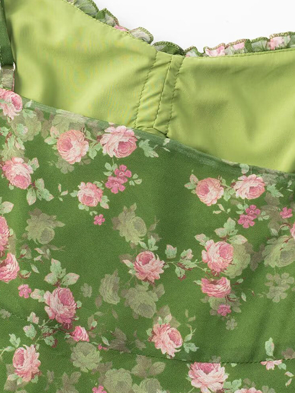 French Style Green Floral Long Spaghetti Strap Dress for Women - Summer 2025 Vacation Fashion French Style Green Floral Long Spaghetti Strap Dress for Women - Summer 2025 Vacation Fashion