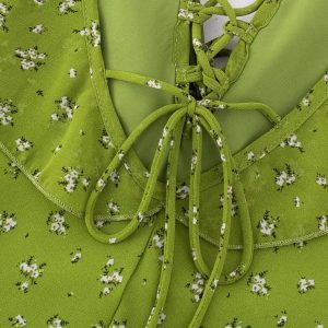 French Style Green Floral Spaghetti Strap Dress for Women - 2025 Summer Vacation Long Skirt with Diagonal Cut