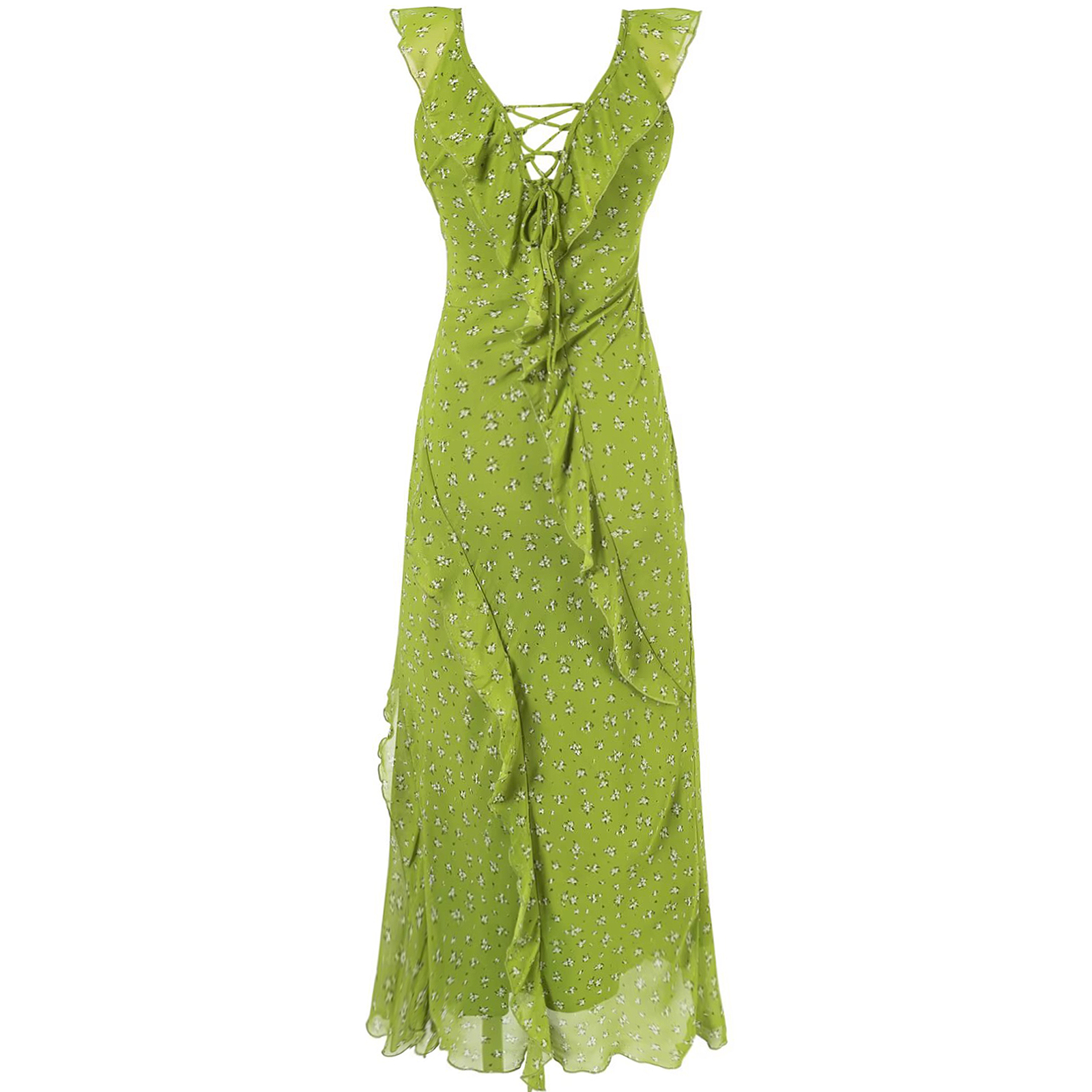 French Style Green Floral Spaghetti Strap Dress for Women - 2025 Summer Vacation Long Skirt with Diagonal Cut