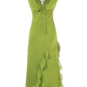 French Style Green Floral Spaghetti Strap Dress for Women - 2025 Summer Vacation Long Skirt with Diagonal Cut