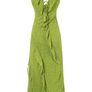 French Style Green Floral Spaghetti Strap Dress for Women - 2025 Summer Vacation Long Skirt with Diagonal Cut