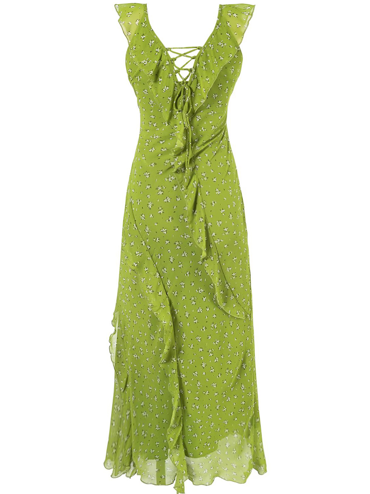 French Style Green Floral Spaghetti Strap Dress for Women - 2025 Summer Vacation Long Skirt with Diagonal Cut French Style Green Floral Spaghetti Strap Dress for Women - 2025 Summer Vacation Long Skirt with Diagonal Cut