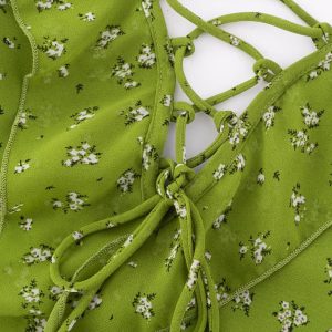 French Style Green Floral Spaghetti Strap Dress for Women - 2025 Summer Vacation Long Skirt with Diagonal Cut