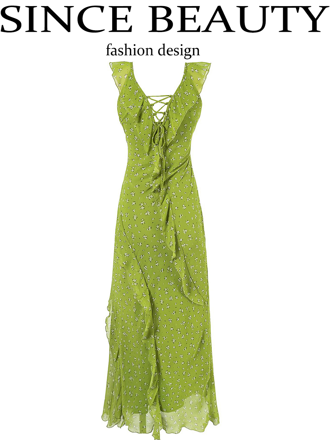 French Style Green Floral Spaghetti Strap Dress for Women - 2025 Summer Vacation Long Skirt with Diagonal Cut French Style Green Floral Spaghetti Strap Dress for Women - 2025 Summer Vacation Long Skirt with Diagonal Cut