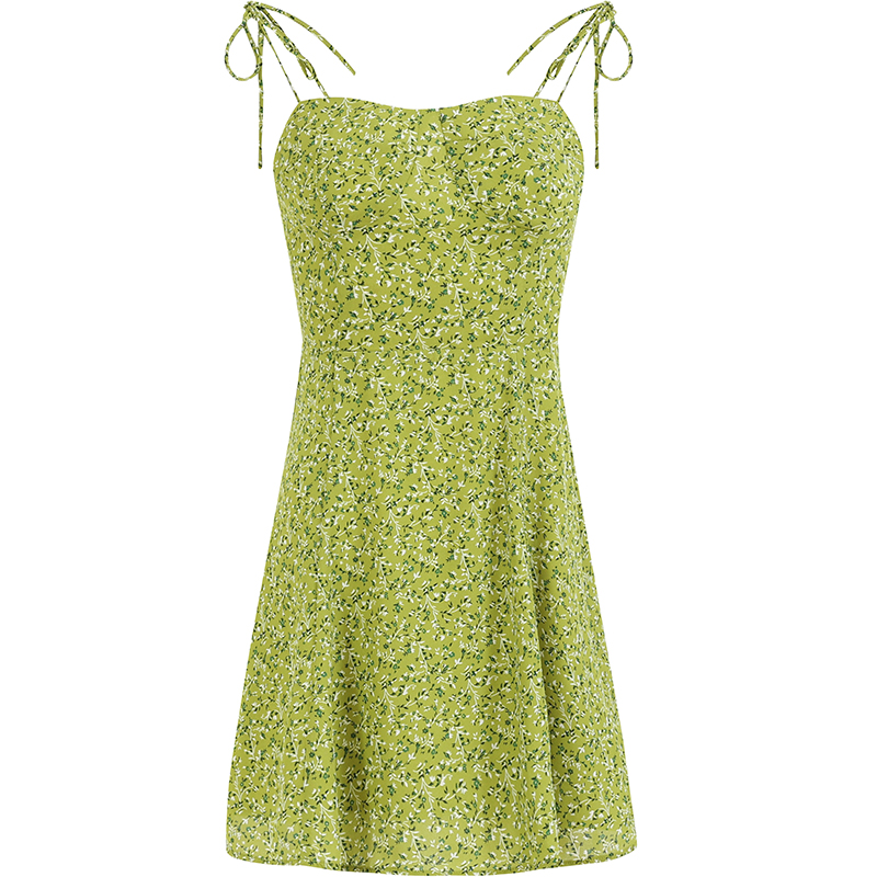 French-Style Green Spaghetti Strap Vacation Dress for Petite Women - 2025 Summer Fashion