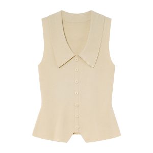 French-Style Lapel Faux Placket Knitted Vest for Women - Summer 2025 Slim-Fit T-Shirt Top, Flattering Casual Fashion