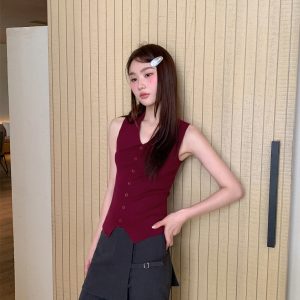 French-Style Lapel Faux Placket Knitted Vest for Women - Summer 2025 Slim-Fit T-Shirt Top, Flattering Casual Fashion