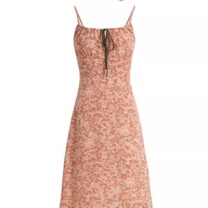 French-Style Orange Women's Dress with Straps, Printed, Elegant Vacation Look for Summer 2025