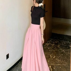 French-style Pink High-Waisted A-Line Midi Skirt, Luxury Pleated Casual Flared Skirt for Women, Spring Summer Fashion