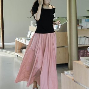 French-style Pink High-Waisted A-Line Midi Skirt, Luxury Pleated Casual Flared Skirt for Women, Spring Summer Fashion