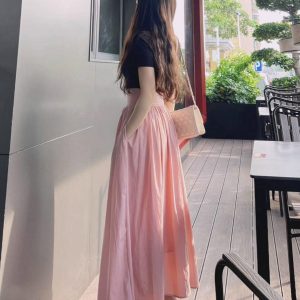 French-style Pink High-Waisted A-Line Midi Skirt, Luxury Pleated Casual Flared Skirt for Women, Spring Summer Fashion