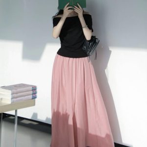 French-style Pink High-Waisted A-Line Midi Skirt, Luxury Pleated Casual Flared Skirt for Women, Spring Summer Fashion