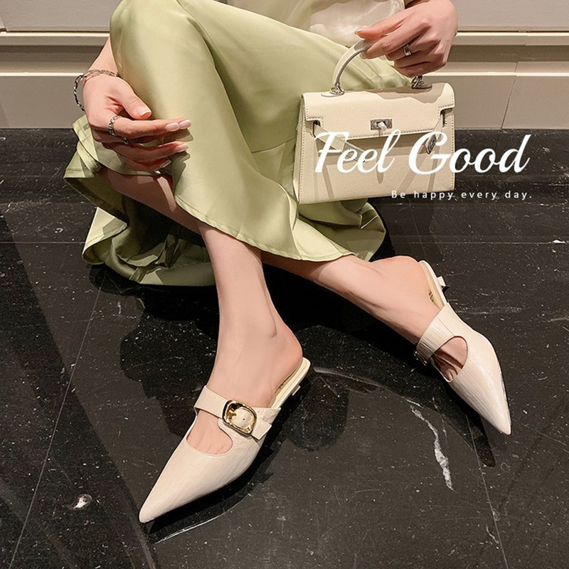French Style Pointed Toe Kitten Heel Sandals for Women - Fashionable Closed Toe Half Slippers, Versatile 90s Inspired Footwear
