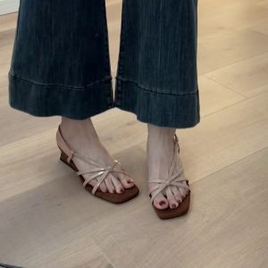 French Style Sheepskin One-Strap Wedge Sandals for Women - Open-Toe High-Heeled Square Toe Roman Sandals for Chic Outfits