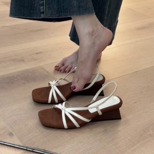French Style Sheepskin One-Strap Wedge Sandals for Women - Open-Toe High-Heeled Square Toe Roman Sandals for Chic Outfits