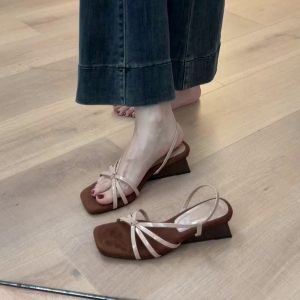 French Style Sheepskin One-Strap Wedge Sandals for Women - Open-Toe High-Heeled Square Toe Roman Sandals for Chic Outfits