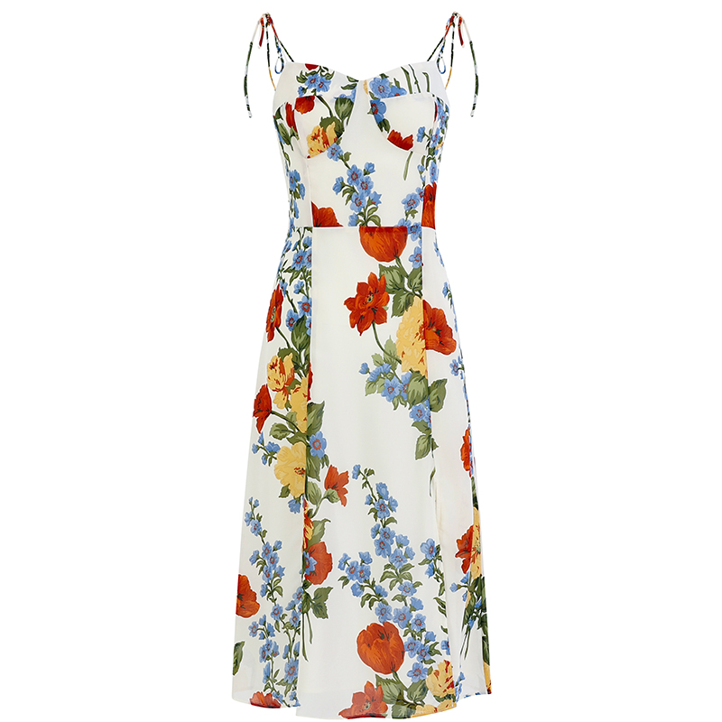 French-Style Sleeveless Printed Long White Dress for Women - Summer 2025 Slim Fit Vacation Fashion