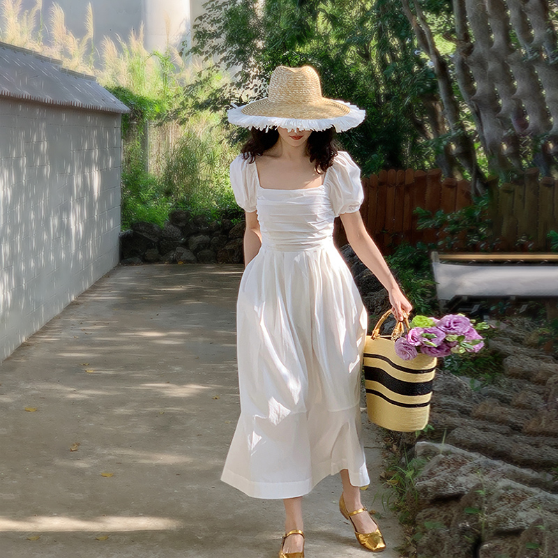French-Style White Long Dress for Women, Square Neck, Elegant Puff Sleeves, Perfect for Petite Figures, Spring/Summer 2025