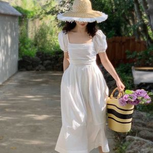 French-Style White Long Dress for Women, Square Neck, Elegant Puff Sleeves, Perfect for Petite Figures, Spring/Summer 2025