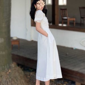 French-Style White Long Dress for Women, Square Neck, Elegant Puff Sleeves, Perfect for Petite Figures, Spring/Summer 2025
