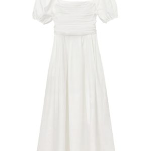 French-Style White Long Dress for Women, Square Neck, Elegant Puff Sleeves, Perfect for Petite Figures, Spring/Summer 2025