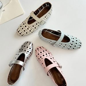 French Style Women's Sheepskin High-Heeled Sandals with Breathable Hollow Round Toe and Single Strap - Chic Summer Footwear