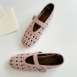 French Style Women's Sheepskin High-Heeled Sandals with Breathable Hollow Round Toe and Single Strap - Chic Summer Footwear