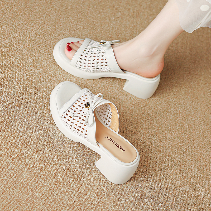 French Style Women's Thick-Soled Hollow Mesh High Heels - Comfortable Non-Fatigue Design, Perfect for Italian Corso Venezia Inspired Looks