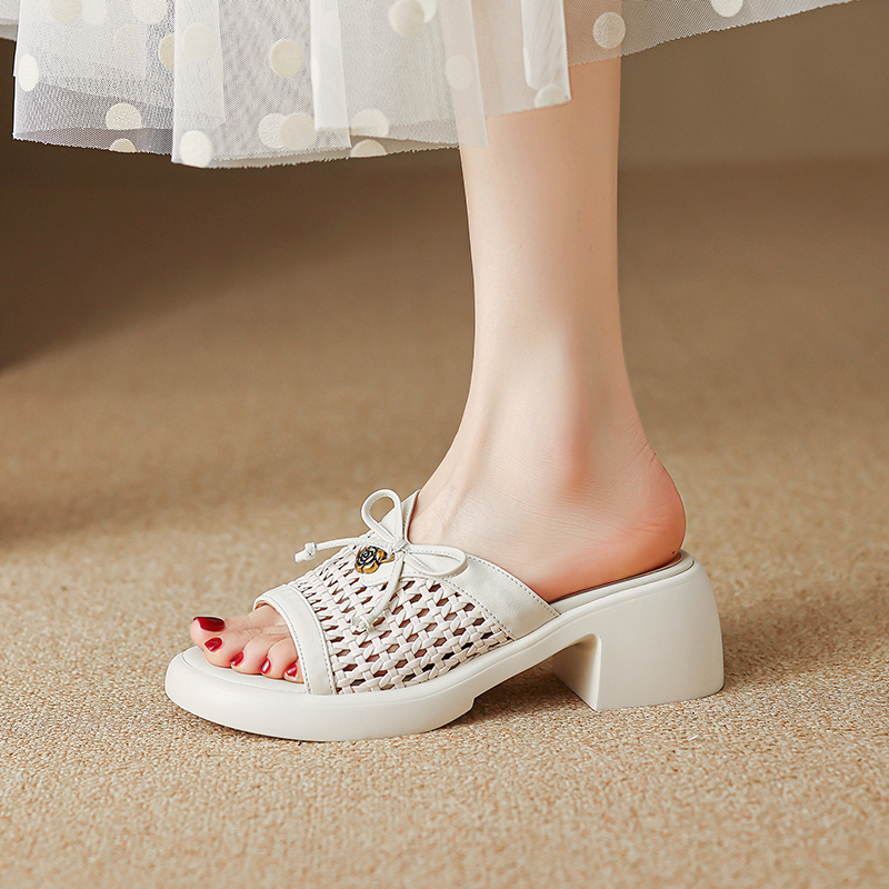 French Style Women's Thick-Soled Hollow Mesh High Heels - Comfortable Non-Fatigue Design, Perfect for Italian Corso Venezia Inspired Looks