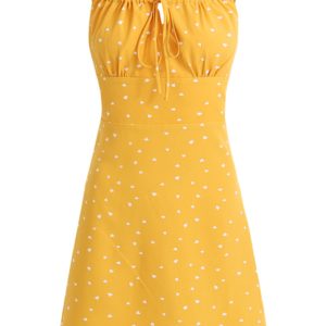 French Style Yellow Spaghetti Strap Dress for Women - Petite Summer Vacation Dress 2025