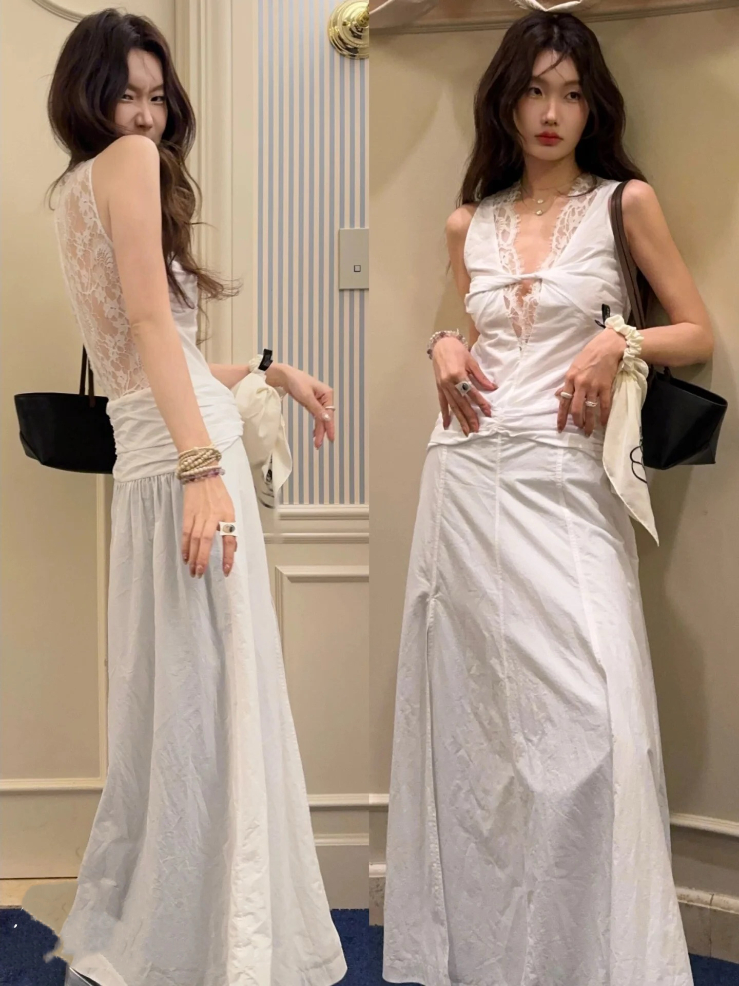 French Summer V-Neck Lace Dress Women's A-Line Vintage Slim Long Dress - Elegant 90s Inspired Style French Summer V-Neck Lace Dress Women's A-Line Vintage Slim Long Dress - Elegant 90s Inspired Style