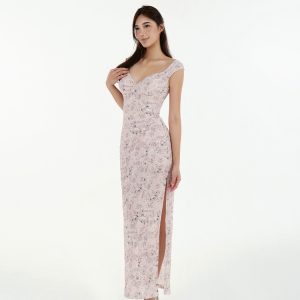 French V-Neck Fitted Split Printed Chiffon Long Dress - Elegant Summer Style, Perfect for 90s Inspired or Y2K Fashion