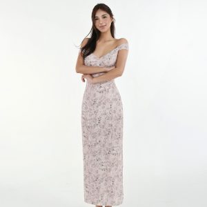 French V-Neck Fitted Split Printed Chiffon Long Dress - Elegant Summer Style, Perfect for 90s Inspired or Y2K Fashion