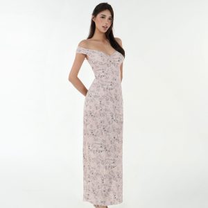 French V-Neck Fitted Split Printed Chiffon Long Dress - Elegant Summer Style, Perfect for 90s Inspired or Y2K Fashion